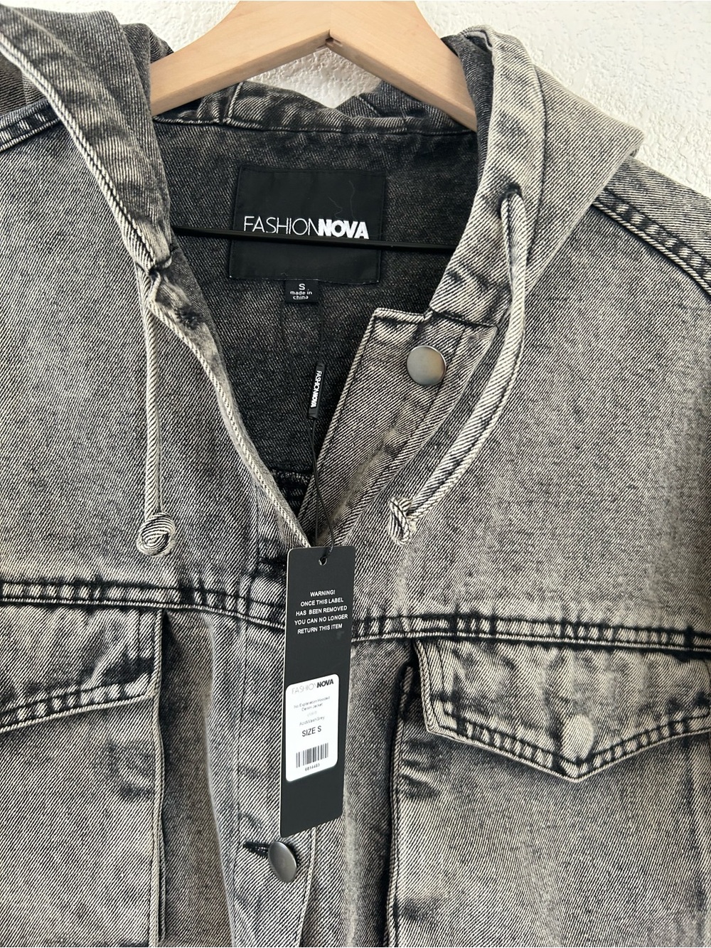 Fashion Nova Washed Gray Cropped Hooded Denim Jacket - Picture 7 of 10
